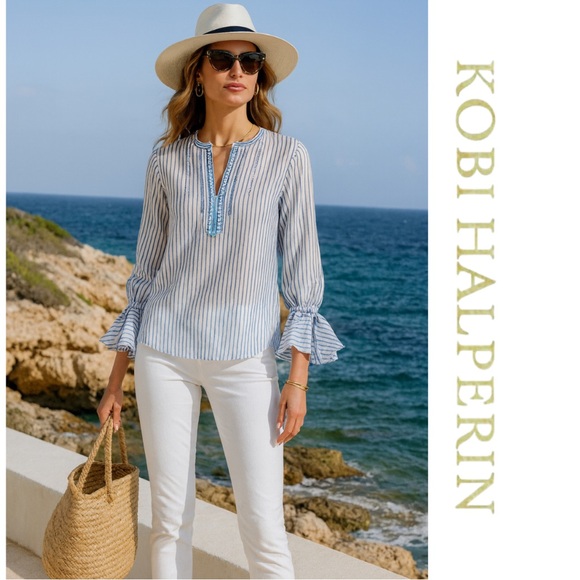 Kobi Halperin Tops - Like New Kobi Halperin Selma Striped V Neck Long Ruffle Sleeve Silk Tunic Small